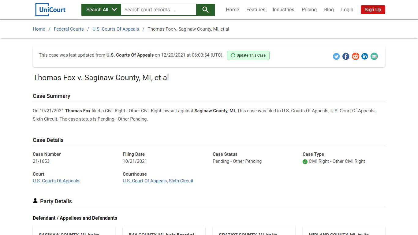 Thomas Fox v Saginaw County, MI | 21-1653 | Court Records ...